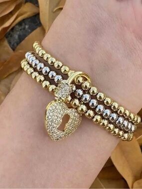 Gold Heart Lock Beaded Bracelet - Women Jewelry